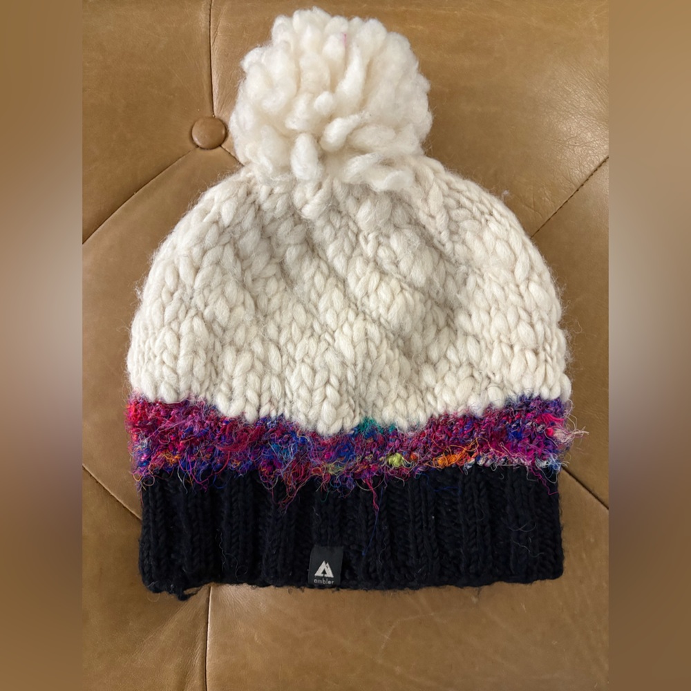 Chunky Knit Pom-Pom Hat (Toque) - Cream and Black with Fushia